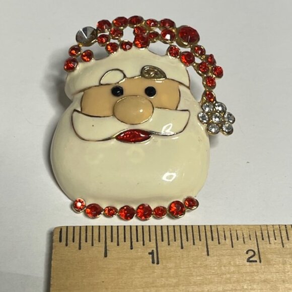 VTG Enamel Gold Tone Santa Rhinestones Christmas Holiday Brooch Pin 2"x2.25" - Picture 8 of 10
